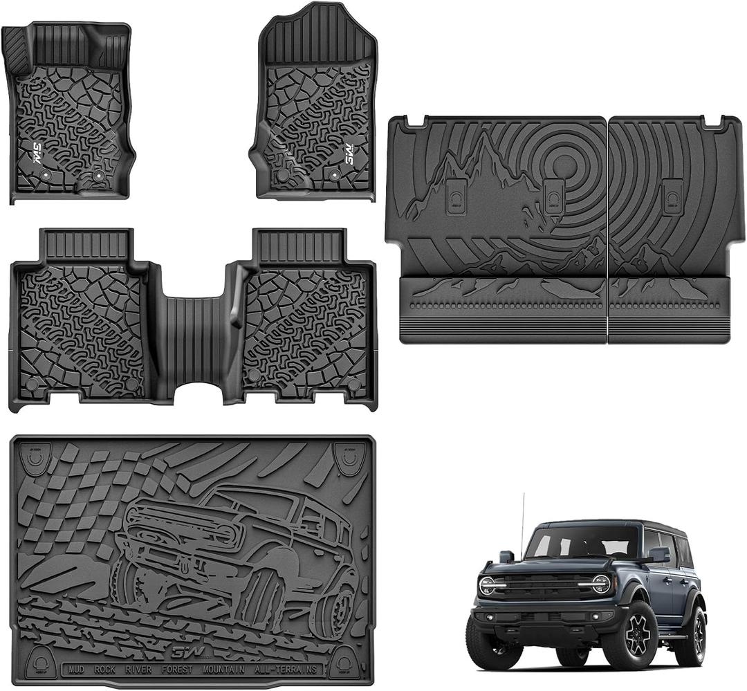 3W Ford Bronco Floor Mats & Cargo Liner & Back Seat Cover Custom Fit for 2021 2022 2023 2024 2025 Bronco 4 Door All Weather Custom Fit Ford Bronco Accessories (Not for Sport & Rubberized Floor)