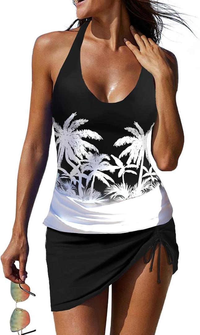 REKITA Sexy Tankini Swimsuits with Skirt U-Neck Tankinis 2 Piece Swimwear Tankini Bathing Suits for Women (M)