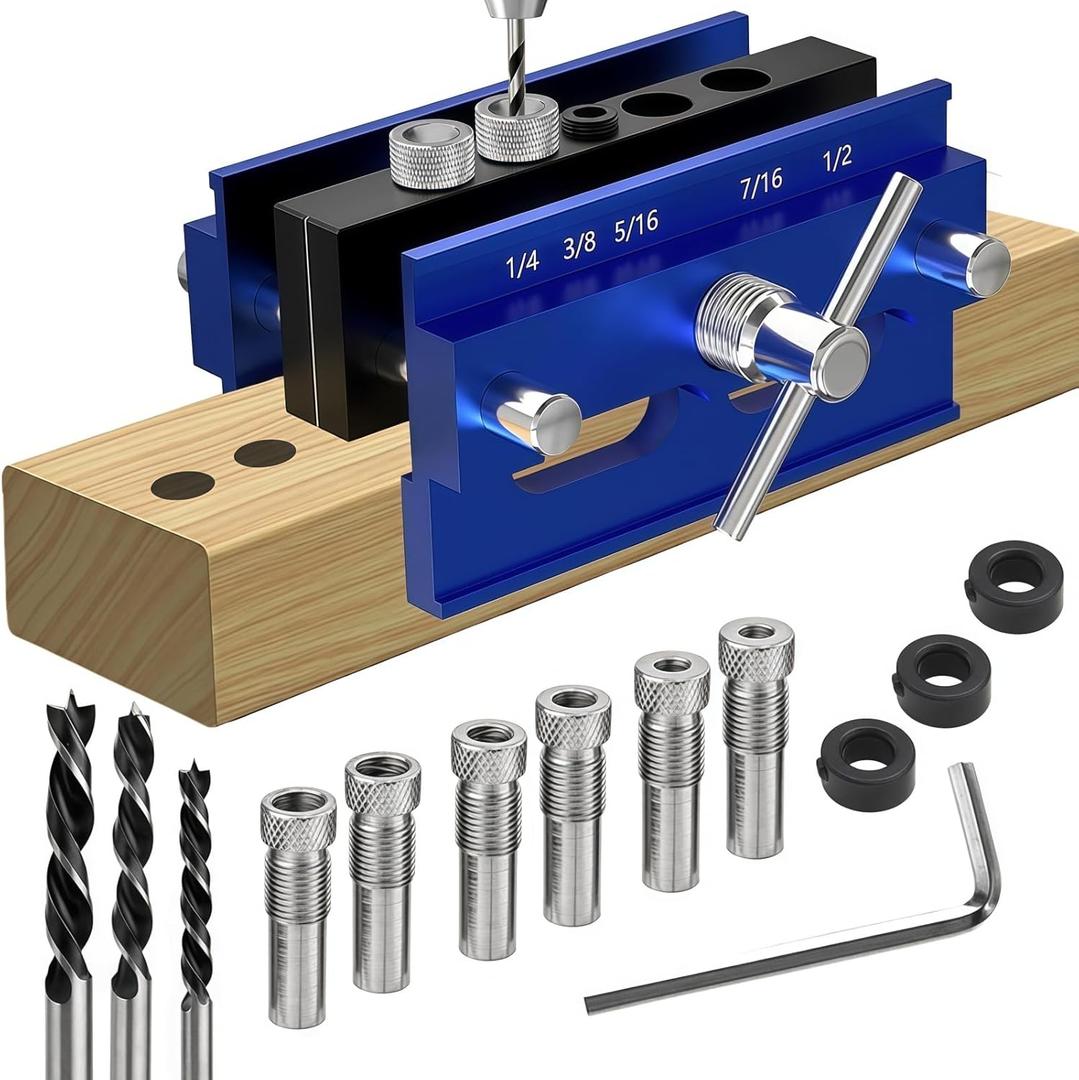 Self Centering Dowel Jig Kit for Woodworking, Adjustable Drill Guide with 6 Steel Bushings & 3 Drill for Straight Holes, Doweling Jig for Woodworking Projects Joiner Complete Tool Set (Short 2.4IN)