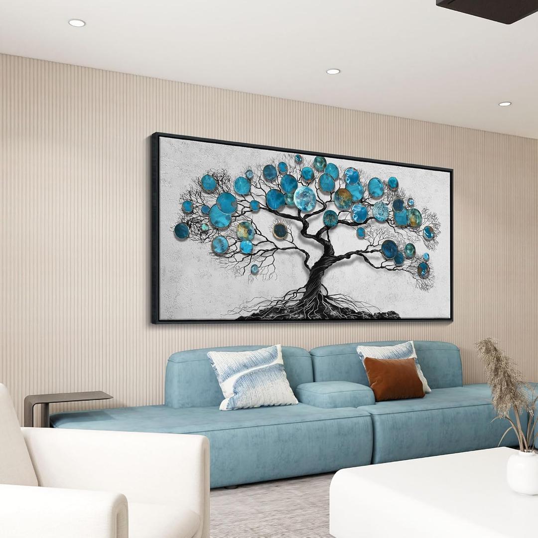 CHATYOUNG Wall Art Living Room - Large Art Teal Blue Tree Abstract Landscape Modern Paintings Black Framed Artwork for Bedroom Dining Room Office Kitchen Home Decor 58"x29"