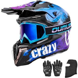Adult ATV Dirt Bike Helmet with Goggles Gloves & Mask Quick Release Buckle Adjustable Sun Visor Motorcycle Adult Helmet Off-Road Motocross Downhill Moped MX for Unisex-Adult (Medium, Crazy Blue)