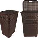 Elly dcor Set 2 Rattan 12 gallons Tall Plastic Laundry Hamper, Laundry Basket with Cutout Handles, Washing Bin, Dirty Clothes Storage, Bathroom, Bedroom, Closet, 48 lts Chocolate
