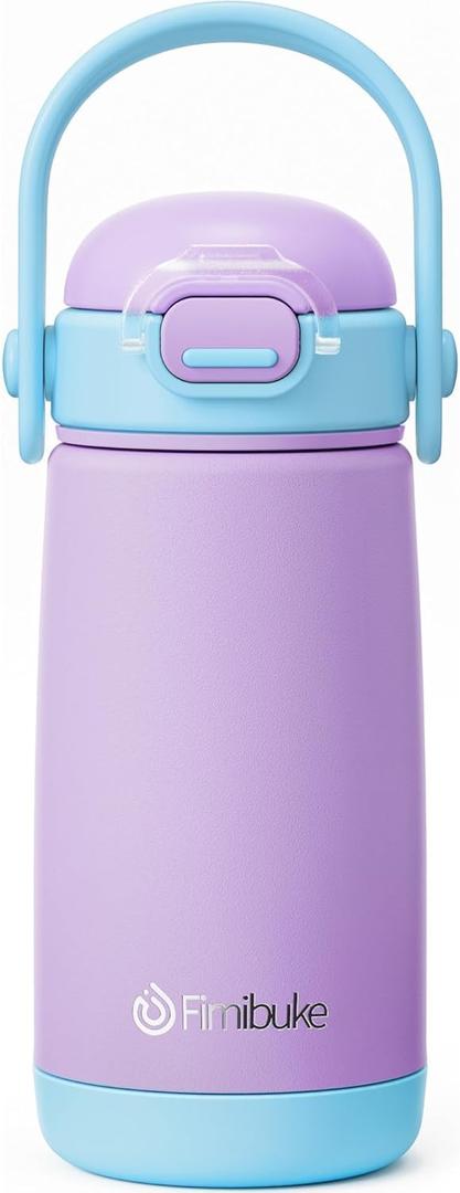 Fimibuke Kids Insulated Water Bottle with Straw Lid & Handle - 14oz BPA FREE 18/8 Stainless Steel Metal Tumbler Leak Proof Double Wall Vacuum Kids Cup Toddler Water Bottle for School Boys Girls (A6.Purple)