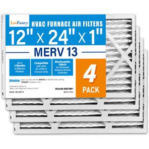 LotFancy 12x24x1 Air Filter MERV 13 4-Pack, Actual Size: 11.75"x23.75"x0.75", Electrostatic Pleated HVAC Furnace Air Filter, Captures Pet Dander Smog Smoke