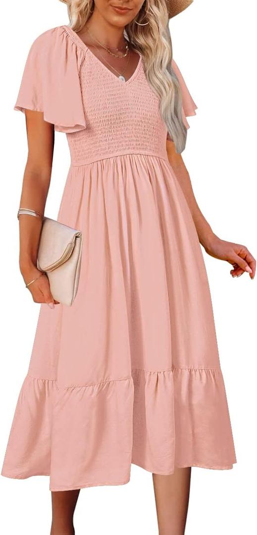 MEROKEETY Women's Summer Casual V Neck Ruffle Sleeve Smocked High Waist Midi Dress with Pockets (Pink, S)