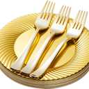 N9R 60pcs Gold Plastic Dessert Plates with Forks, Include 30pcs Disposable Dessert Plates 7 inch, 30pcs Gold Plastic Forks 7.4 inch for Parties Weddings Birthday