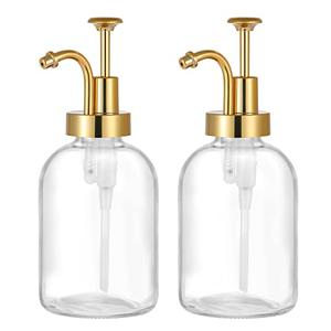 2 Pack Thick Clear Glass Jar Soap Dispenser with Gold Pump, 17oz Clear Boston Round Bottles Dispenser with Rustproof Pump