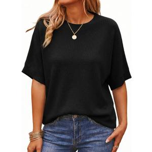 Saodimallsu Womens Short Batwing Sleeve Sweaters Oversized Crew Neck Casual Basic Knit Pullover Tops Shirt (Black, S)