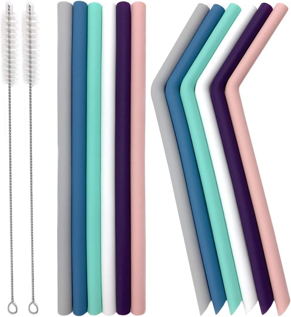 Senneny Set of 12 Silicone Drinking Straws for 30oz and 20oz - Reusable Silicone Straws BPA Free Extra Long with Cleaning Brushes- 6 Straight + 6 Bent- 8mm diameter