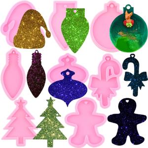 Christmas Ornaments Silicone Molds Christmas Tree Gift Bag Hat Keychain Molds Christmas Light Bulb Cane Keychain Resin Molds for Christmas Decoration Handmade DIY Epoxy Craft Set of 8