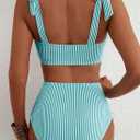 Herseas Women's Tie Shoulder Bikini Sets 2 Piece Striped Swimsuits High Waisted Bathing Suits (Blue, L)