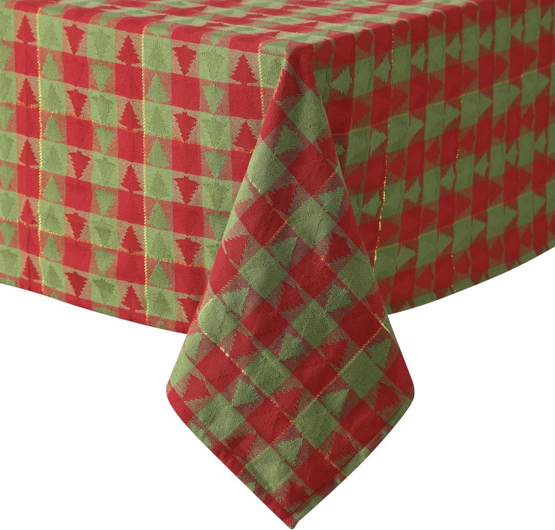 Home Bargains Plus Evergreen Tree Plaid Fabric Tablecloth, 52 x 70 Inch Rectangle, Red and Green Holiday Check with Tree Pattern, Cotton Blend Christmas Table Cover for Festive Dining
