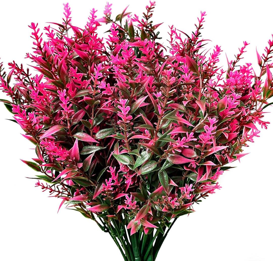 8Pcs Artificial Flowers Faux Lavender UV Resistant Plastic Fake Plants Fake Flowers for Indoors Outdoors Home Porch Garden 8 Pcs, (Pink)