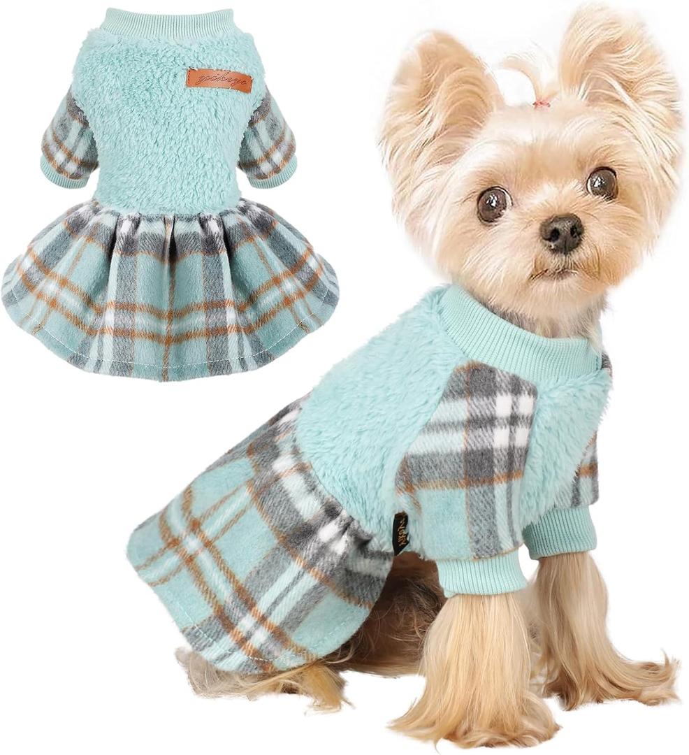 Dog Sweater Dog Winter Clothes for Small Dogs Boy Girl Fall Puppy Dress Warm Fleece Chihuahua Yorkie Teacup Doggie Sweaters Dresses Doggy Sweater for Small Dogs Girl Cat Outfits, Green Plaid, XS