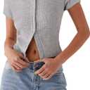 QINSEN Women's Crewneck Short Sleeve T Shirts Ribbed Button Going Out Trendy Tops, Size M