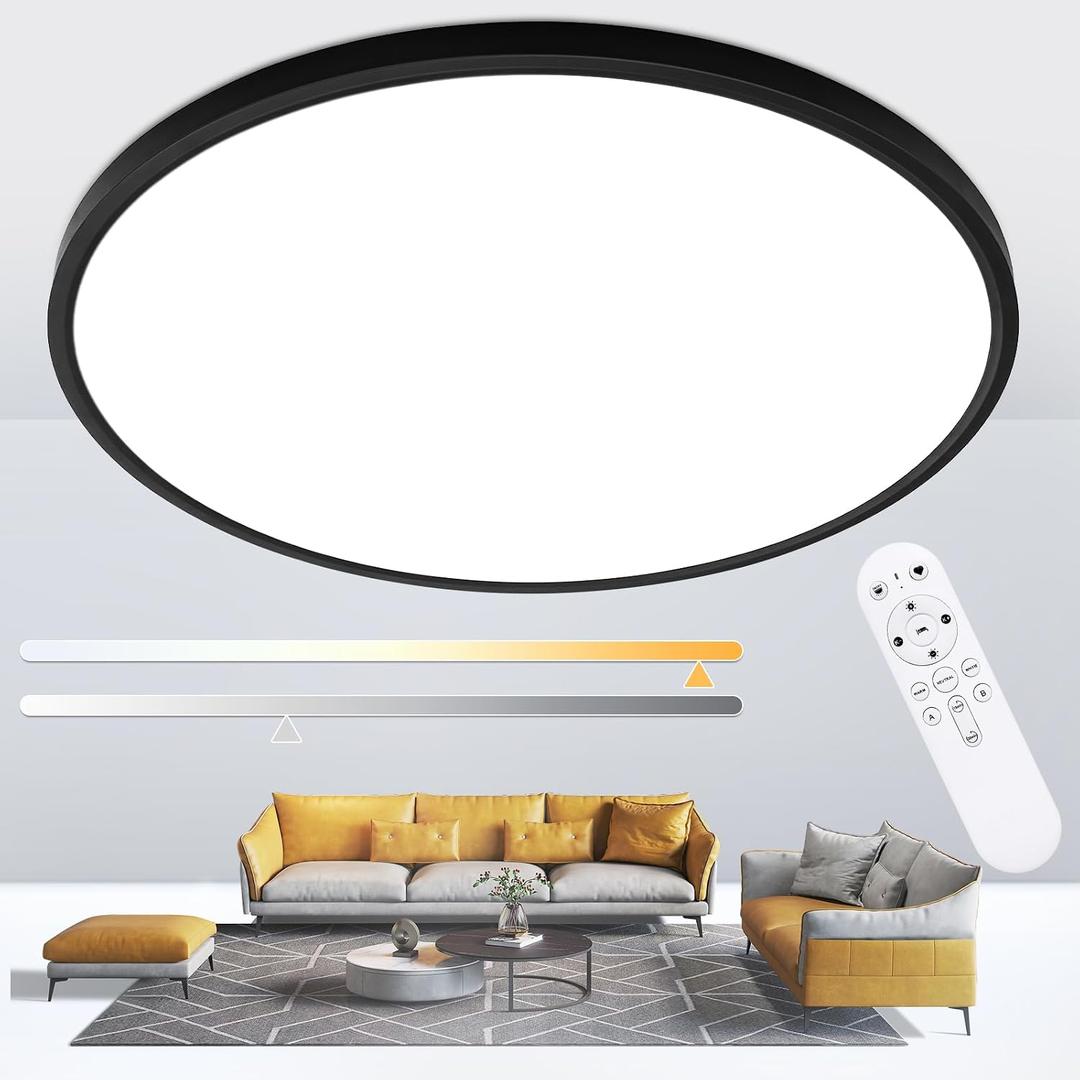 20 Inch Black Led Ceiling Light, Dimmable with Remote Control, Modern, Ultra Thin Flush Mount, Round Light Fixtures, 48W, 4800 Lumen, for Bedroom, Living Room, Kitchen, Dining Room, 19.7 inch