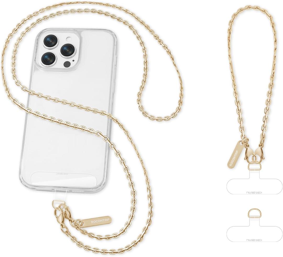 ROCONTRIP Metal Phone Chain Set Including Crossbody Phone Lanyard and Wrist Strap with 2*Tether Tabs Detachable iPhone Chain Strap Non-rust,Unbreak iPhone Wristlet Strap for Women Travel Essentials (Extended, Gold)