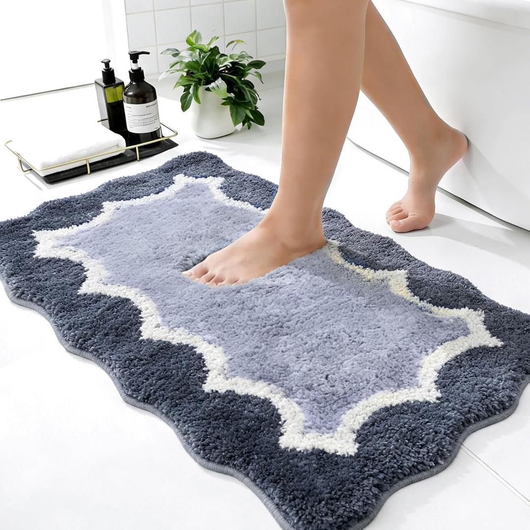 Wylumen Scalloped Blue Bathroom Rugs Mat,Non Slip Absorbent Quick Dry Bath Mats for Shower Room,Plush Microfiber Bath Mats for Bathroom Floor Washable Carpet for Shower Tub Sink Bedroom, 20"x32"