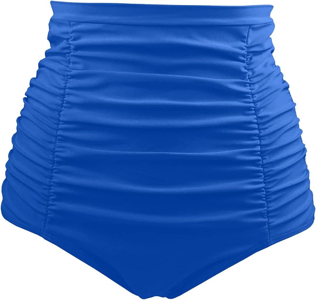 Tempt Me Women's High Waisted Swimsuit Bottom Tummy Control Ruched Bikini Bottom Vintage Swim Bottom Tankini Briefs, Medium, Blue