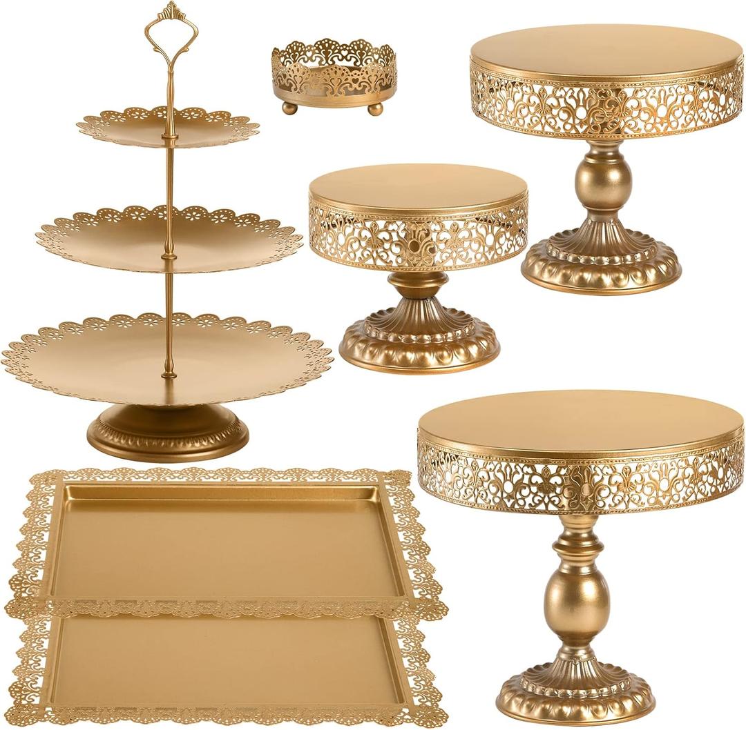 Lyellfe Set of 7 Gold Cake Stand, Metal Cake Stand Set for Dessert Table, Decorative Dessert Display Set for Birthday Party, Wedding, Afternoon Tea, Festival