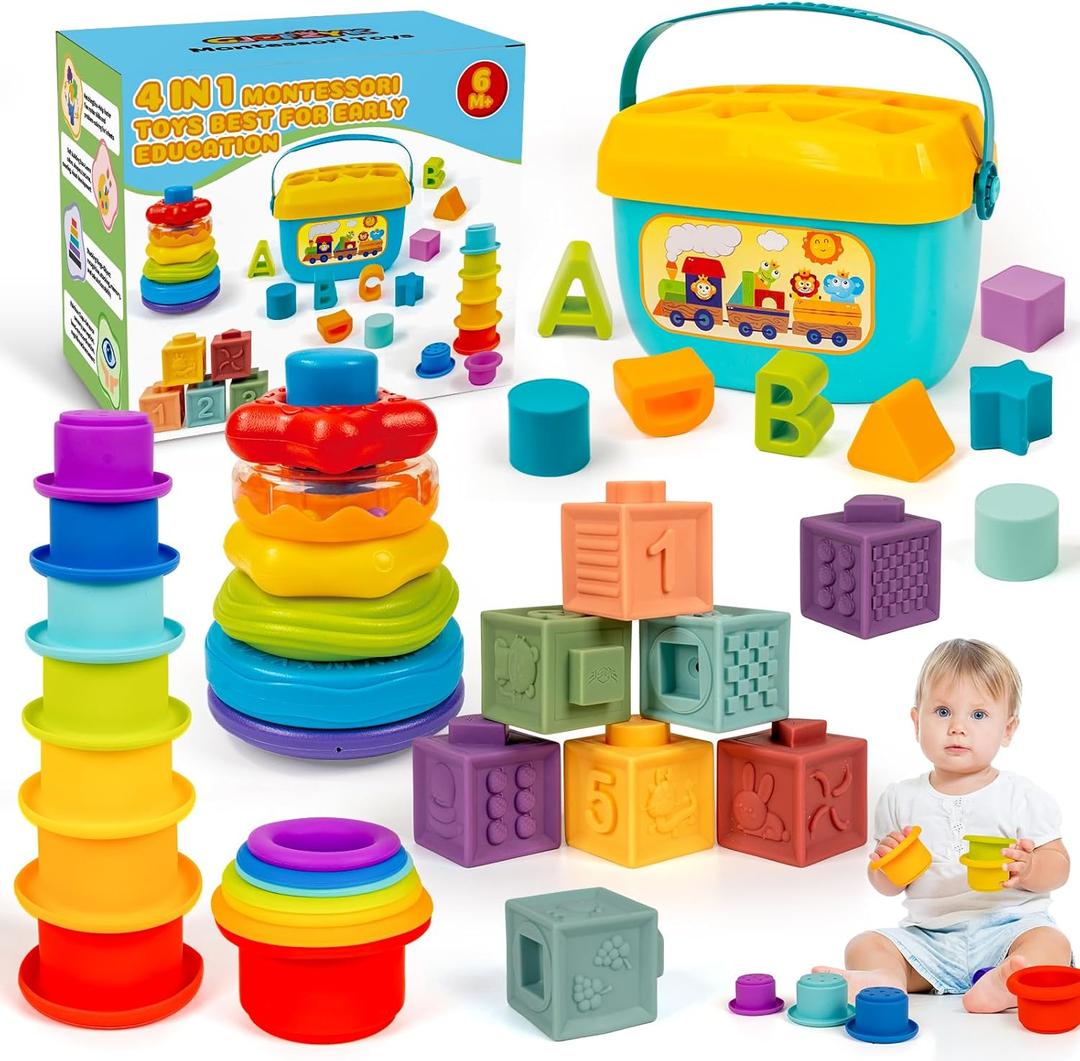 Montessori Baby Toys for Ages 618 Months with Sensory Shape Sorter Matching Game Toy Stacking Ring Soft Building Blocks Developmental Learning Toys for Toddlers 1+ Year Old