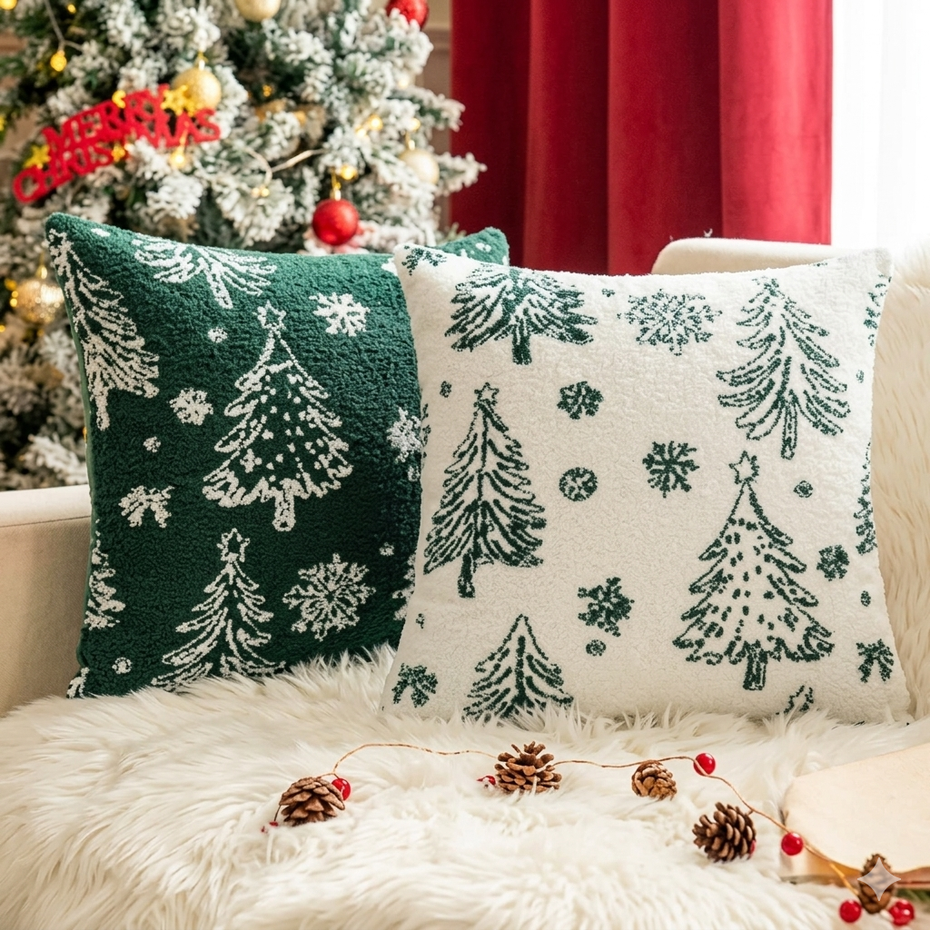 AQOTHES Christmas Tree Green White Throw Pillow Covers 18x18 inch Set of 2 Faux Fur Throw Pillows for Couch Sofa Holiday Festivals Winter Home Decor