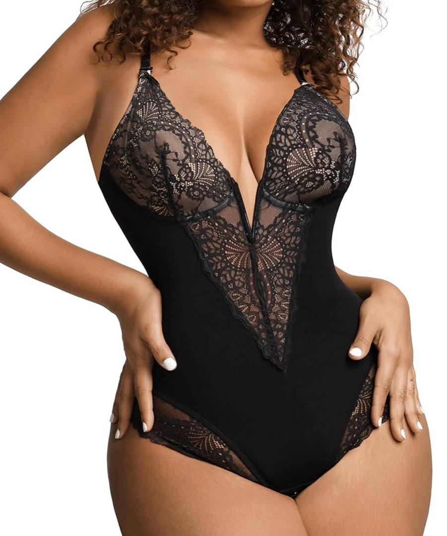 Popilush Lace Shapewear Bodysuit Tummy Control Corset Tops V Neck Sleeveless Backless Body Suit Thongs, L