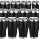 20oz Stainless Steel Tumbler Bulk with Lid, Travel Mug - Double Wall Vacuum Powder Coated Cup - Black, 12 Pack