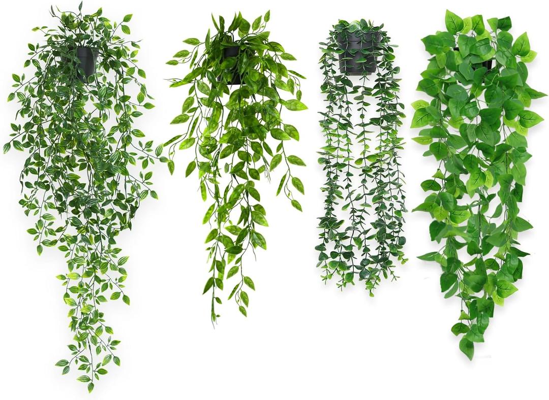 Fake Hanging Plants 4 Pack Artificial Hanging Plants Potted Greenery Faux Eucalyptus Mandala Vine Pea Pod Lvy Vine Leaves for Shelf Room Office Home Wall Indoor Outdoor Decor