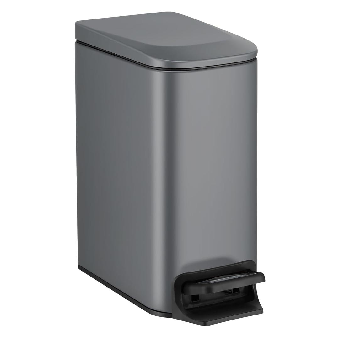 TIPGO Slim Bathroom Trash Can with Lid Soft Close, 6 Liter / 1.6 Gallon Stainless Steel Garbage Can with Removable Inner Bucket, Step Pedal, Small Trash Cans for Bedroom, Office, Kitchen (Grey)