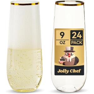 JOLLY CHEF 24 Pack Stemless Plastic Champagne Flutes Disposable 9 Oz Gold Rim Clear Plastic Toasting Glasses Shatterproof Recyclable for Party, Wedding, Birthday, Christmas