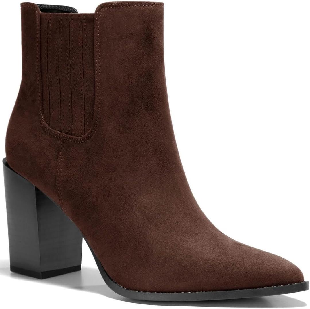 Ricristy Womens Booties Pointed Toe Stacked Heel Fashion Chelsea Ankle Boots (6.5, Chocolate Suede)