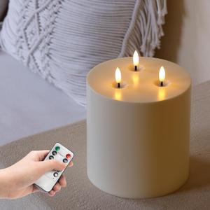 Extra Large Outdoor Waterproof Flameless Candle with 3 Wick, 6" x 6" Ivory Plastic Battery Operated LED Candle with Remote and Timer,Flickering Fake Pillar Candles for Garden Patio Porch Home Party