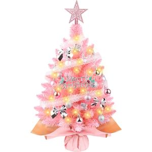 Small Pink Christmas Tree with Lights, 2ft Artificial Mini Tabletop Christmas Tree Decorations with Star Tree Topper, Balls Ornaments, Gift Pack, 30 Pcs Mini DIY Xmas Trees for Toddler, Kids