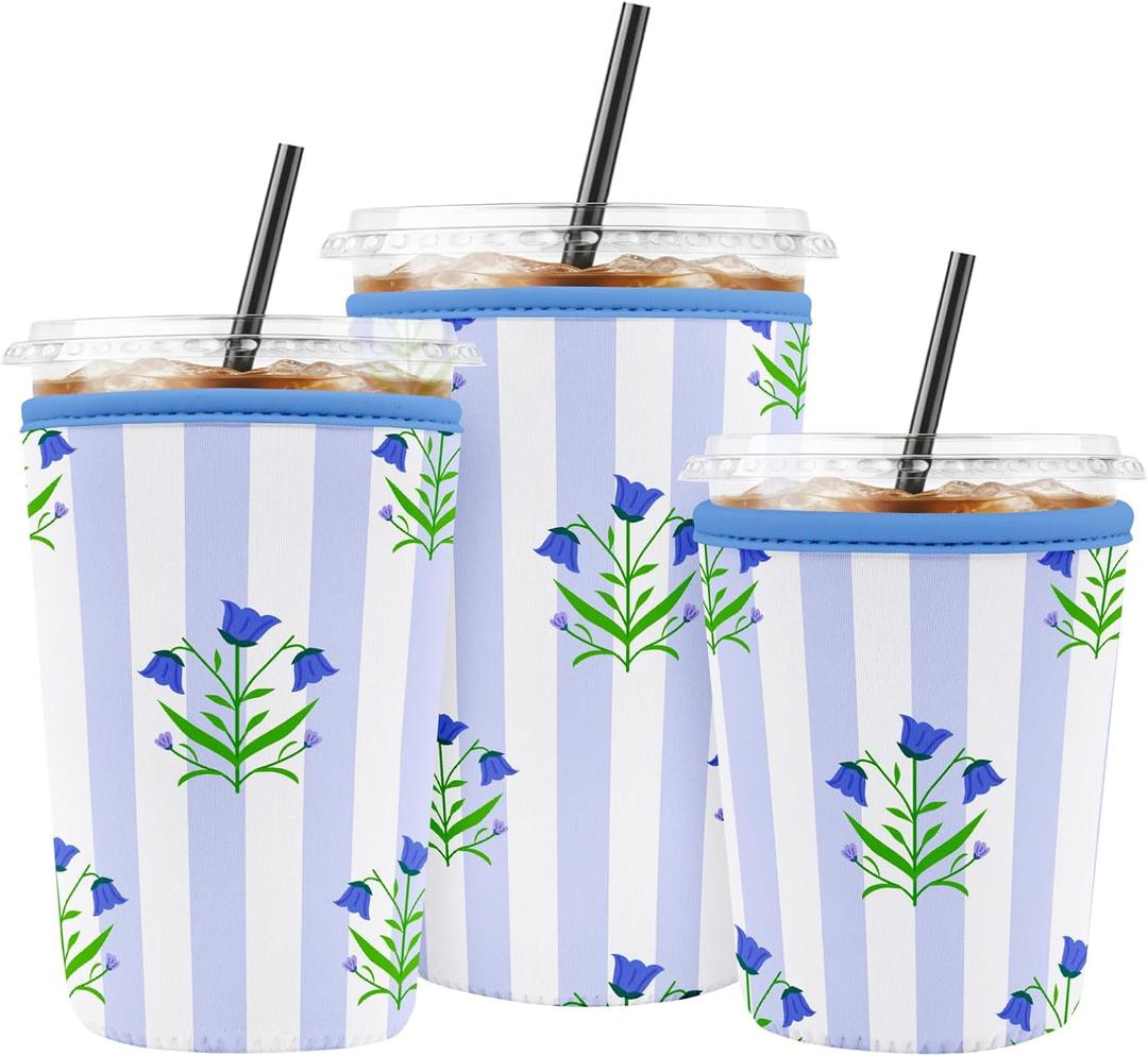 Iced Coffee Sleeve Reusable Cup Sleeves for Cold Drinks Neoprene Plastic Cup Covers for Drinks, Stripes Flowers