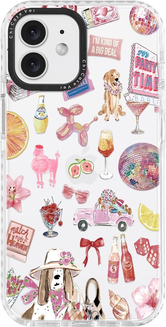 for iPhone 12 Case, Party Time Collage Pattern with Girly Pink Dogs & Cocktails, Military-Grade Drop Protection, Girly Pink Soft Slim TPU Protective & Camera Protection for Women Girls