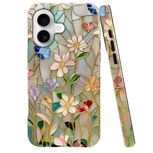 TnXee Case Compatible with iPhone 17,Fall Prevention Bright Hybrid 2-Layer Hard Shell Phone Case for Girls Boys,Stained Glass Bloom Flower