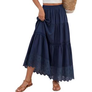 Womens Maxi Skirt Boho Summer Flowy Tiered Elastic High Waisted A Line Long Skirts Trendy Beach Vacation Clothes (Blue, M)
