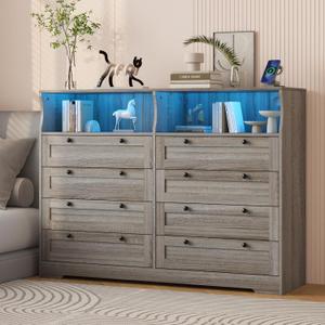GarveeHome Grey Dresser for Bedroom Deep Drawers, 55 in Tall Wooden Bedroom Dressers with Power Outlet and Led Lights, Large Modern 8 Drawers Dressers and Tv Stand Dresser for Living Room, Hallway