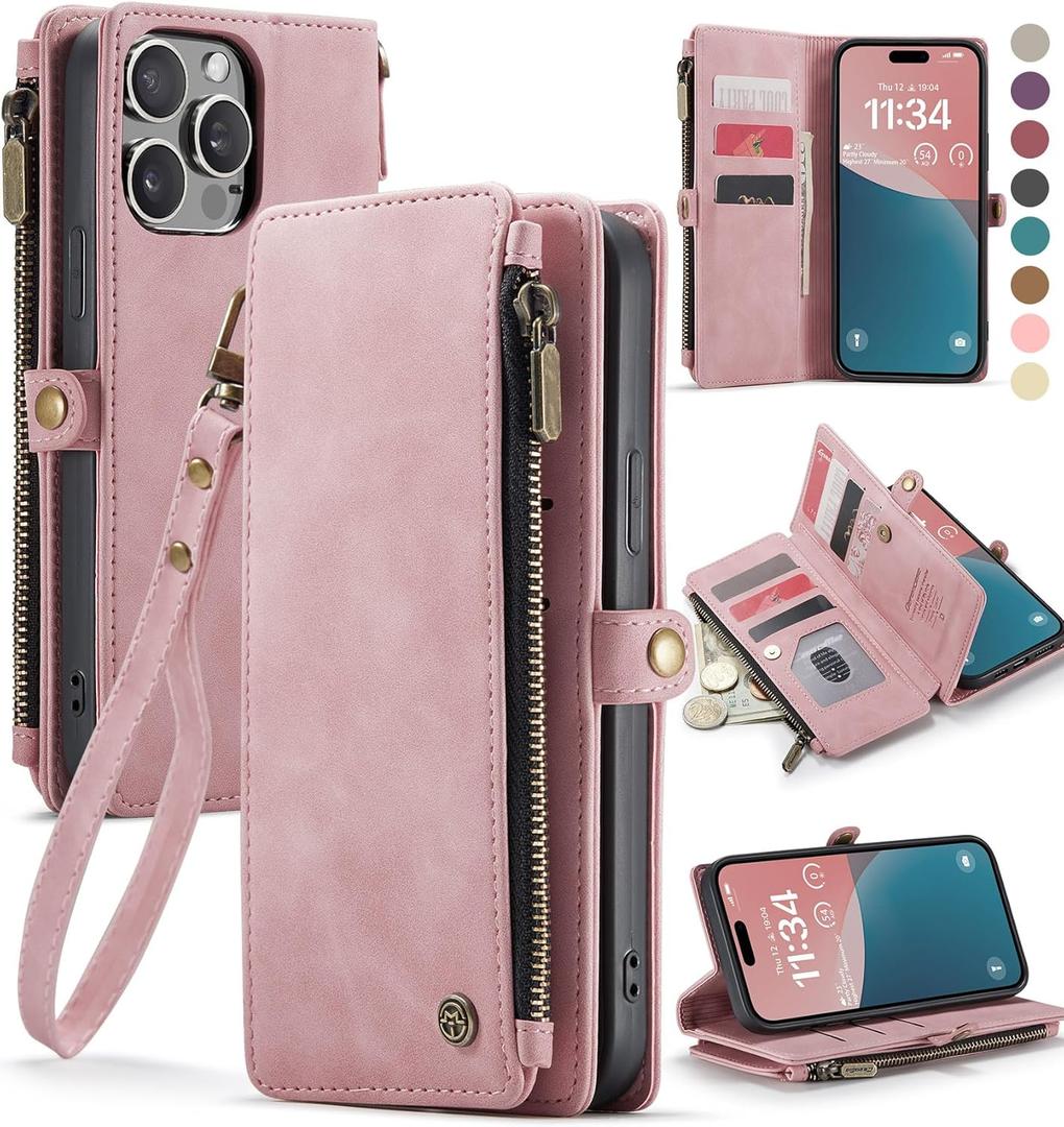 Defencase Compatible with iPhone 15 Pro Max Case Wallet with RFID Blocking Card Holder for Women Men, PU Leather Magnetic Snap Flip Zipper Strap Wallet Phone Case Fit for iPhone 15 Pro Max, Rose Pink