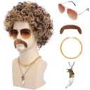 Bettecos 6pcs Set 70s 80s Disco wig with Mustache Glasses Artificial Wolf Necklace Golden Chain Short Curly Hair Afro Men's Wig for 60s Hippies Costume Cosplay Halloween Party (Blonde Mixed Brown)