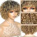Short Curly Wigs Ombre Highlight Honey Blonde Wig with Bangs Glueless Afro Wigs for Black Women Kinky Curly Wig Dark Root to Blonde M1B/27, 4A Curls