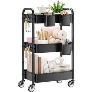 YASONIC 3 Tier Rolling Cart - Metal Utility Cart with Wheels, Hanging Cups, Hooks, Heavy Duty Mesh Rolling Storage Cart Organizer, Craft Cart for Kitchen Office, Lightweight and Sturdy (Black)
