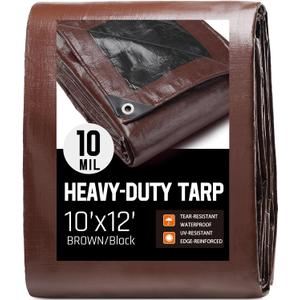 10 x 12 FT Waterproof Heavy Duty Tarp, 10 Mil Thick, Outdoor Furniture Covers, Plastic Insulated Tarpaulin for Camping Tent Roof Boat Patio Pool Cover, Large & Small Multi-Size Tarps, Brown/Black