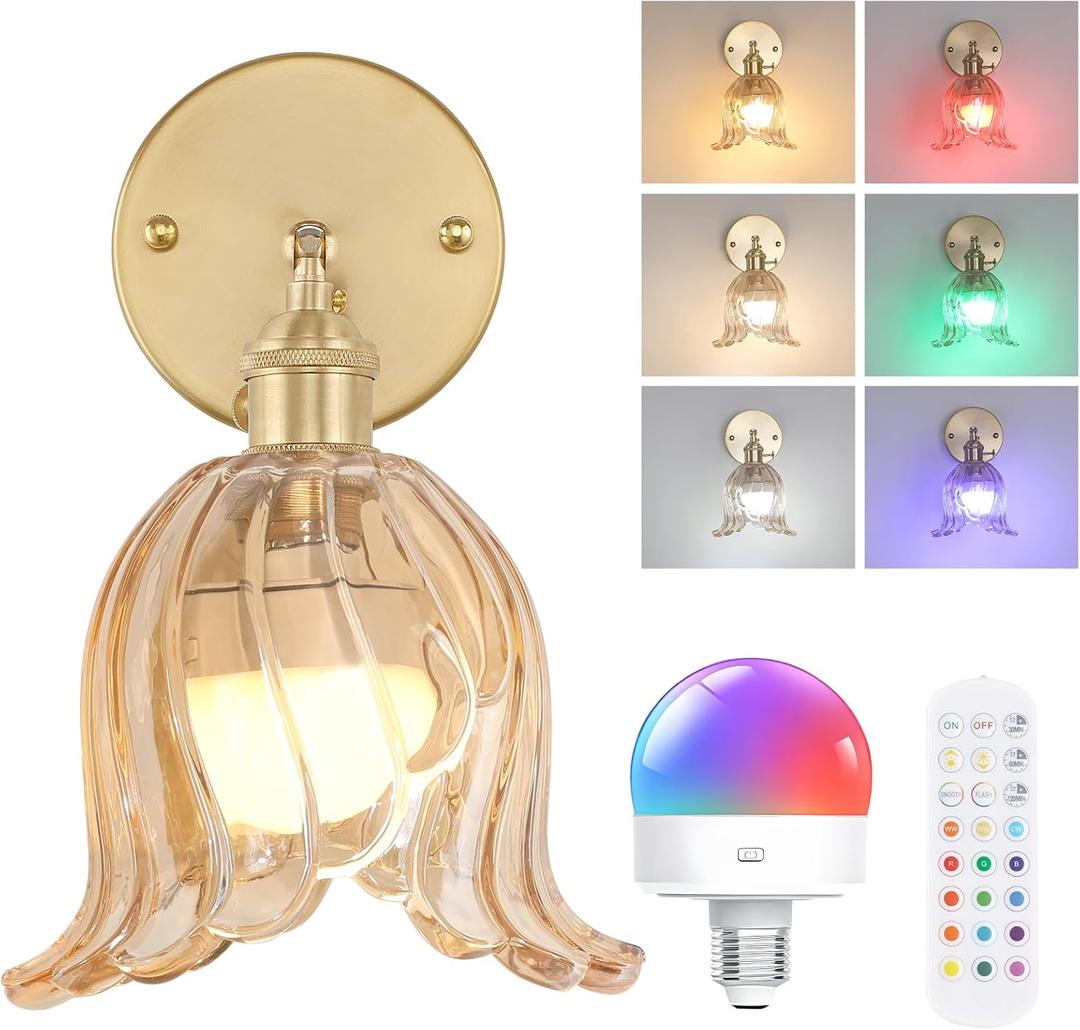 Vintage Battery Operated Wall Sconce, Rechargeable Battery Powered Wall Sconces with Remote Control, Wireless Dimmable LED Light for Bedside Indoor Living Room (Amber Lily)