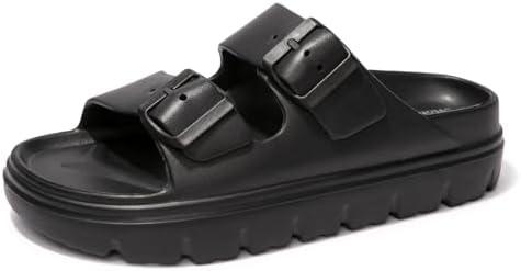 FUNKYMONKEY Women's Comfort Slides Double Buckle Adjustable Plastics Flat Sandals