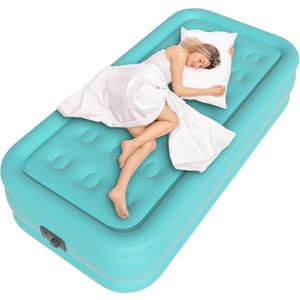 Twin Air Mattress with Built in Pump, Single Blow up Air Bed with Portable Storage Bag, Suitable for Home and Guests, Top Flocking, 18" QueenTurquoise Green