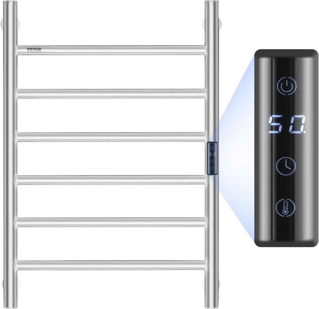 VEVOR 6 Bars Towel Warmer Rack, Wall Mounted Heated Towel Rack for Bathroom, IPX5 Waterpoof Towel Heater Rack with Timer & LED Display Screen, 5 Levels Adjustable Temperature Towel Heater, Silver