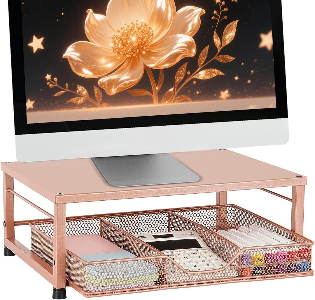 Small Laptop Stand for Desk, Monitor Stand Riser, Office Desk Accessories, Computer Desktop Stand with Drawer for Home, Office, School (Bronze)