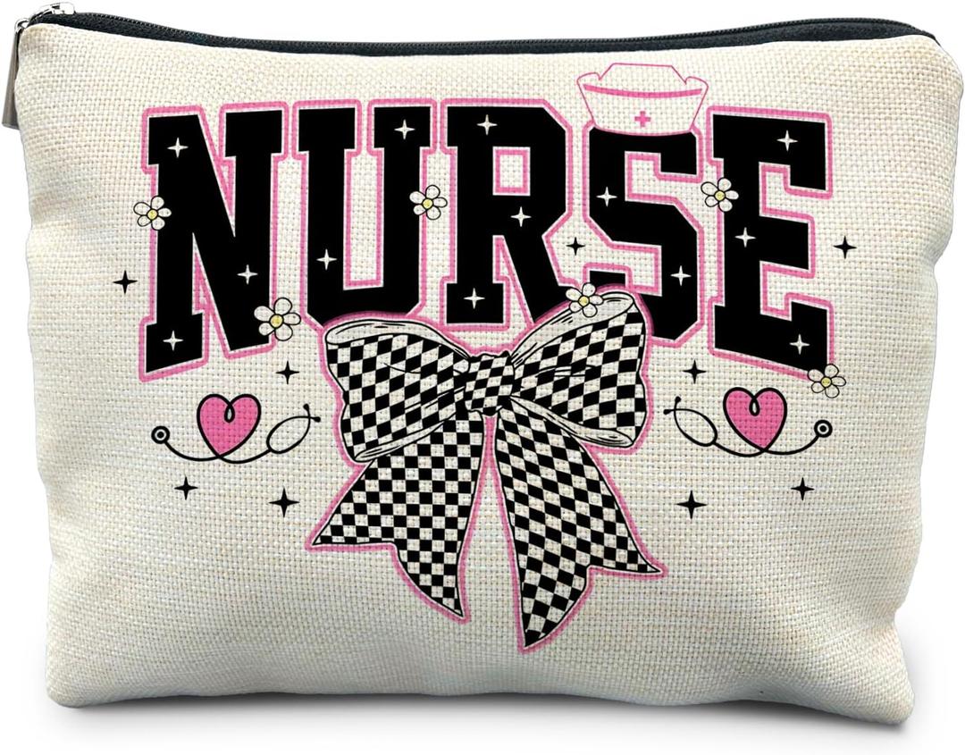 Coquette Black and White Plaid Bow Nurse Makeup Bag, Nurse Gifts for Women Cosmetic Bags, Nurse Week Gifts Makeup Pouch, Nurse Appreciation Gifts Zipper Pouch